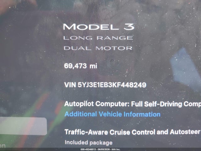 Продаж на аукціоні авто 2019 Tesla Model 3 Long Range/performance, vin: 5YJ3E1EB3KF448249, номер лоту: 45246513