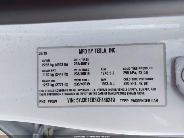 Продаж на аукціоні авто 2019 Tesla Model 3 Long Range/performance, vin: 5YJ3E1EB3KF448249, номер лоту: 45246513