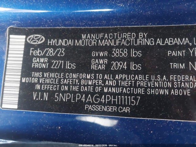 45246516 :رقم المزاد ، 5NPLP4AG4PH111157 vin ، 2023 Hyundai Elantra Limited مزاد بيع
