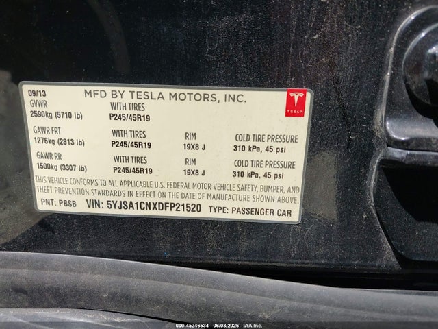 Продаж на аукціоні авто 2013 Tesla Model S, vin: 5YJSA1CNXDFP21520, номер лоту: 45246534