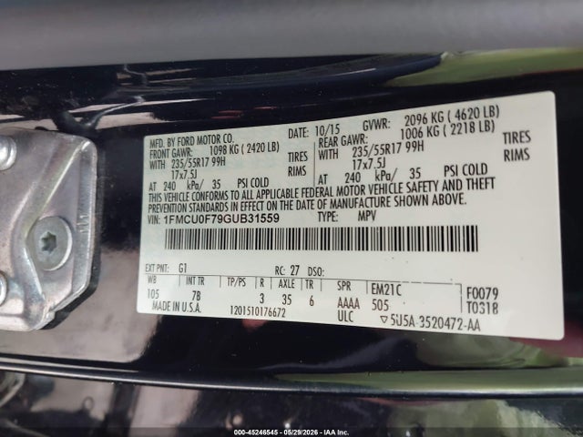 Aukcja sprzedaży 2016 Ford Escape S, vin: 1FMCU0F79GUB31559, numer aukcji: 45246545