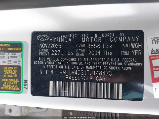 Продаж на аукціоні авто 2026 Hyundai Elantra Sel Sport, vin: KMHLM4DG1TU148473, номер лоту: 45246549