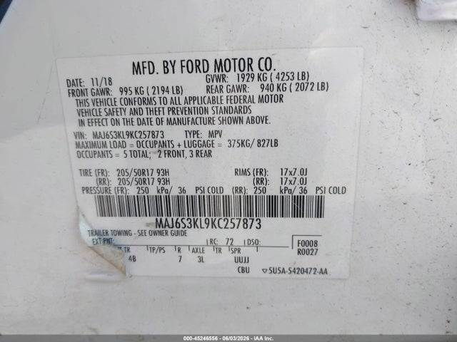 Продаж на аукціоні авто 2019 Ford Ecosport Titanium, vin: MAJ6S3KL9KC257873, номер лоту: 45246556