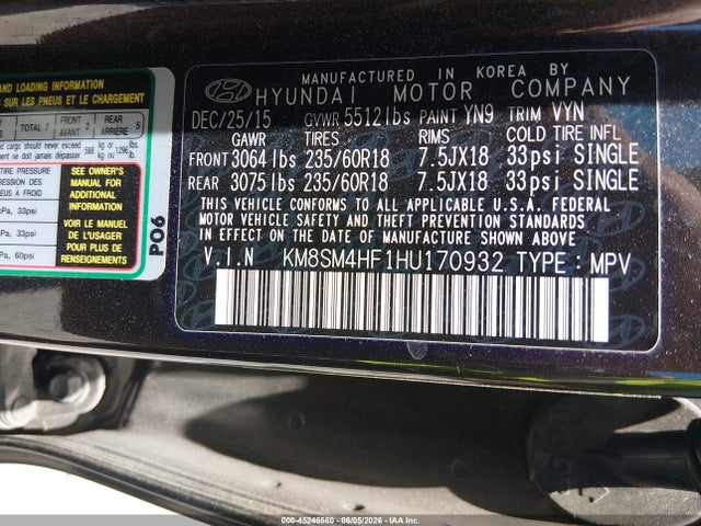 Aukcja sprzedaży 2017 Hyundai Santa Fe Se, vin: KM8SM4HF1HU170932, numer aukcji: 45246560