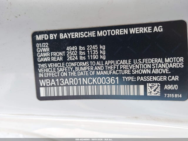 45246565 :رقم المزاد ، WBA13AR01NCK00361 vin ، 2022 Bmw M440i Xdrive مزاد بيع