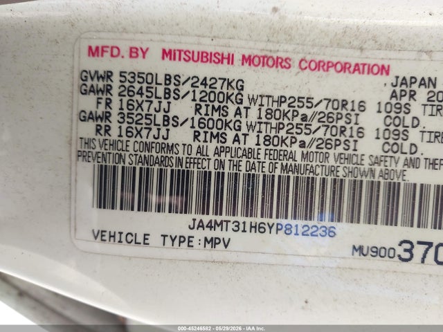 45246582 :رقم المزاد ، JA4MT31H6YP812236 vin ، 2000 Mitsubishi Montero Sport Ls/xls مزاد بيع