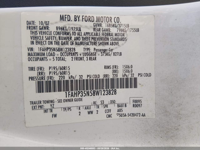 2008 Ford Focus Se/ses მანქანა იყიდება აუქციონზე, vin: 1FAHP35N58W123828, აუქციონის ნომერი: 45246583