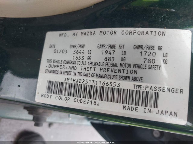 Aukcja sprzedaży 2003 Mazda Protege Dx/es/lx, vin: JM1BJ225131166553, numer aukcji: 45246634