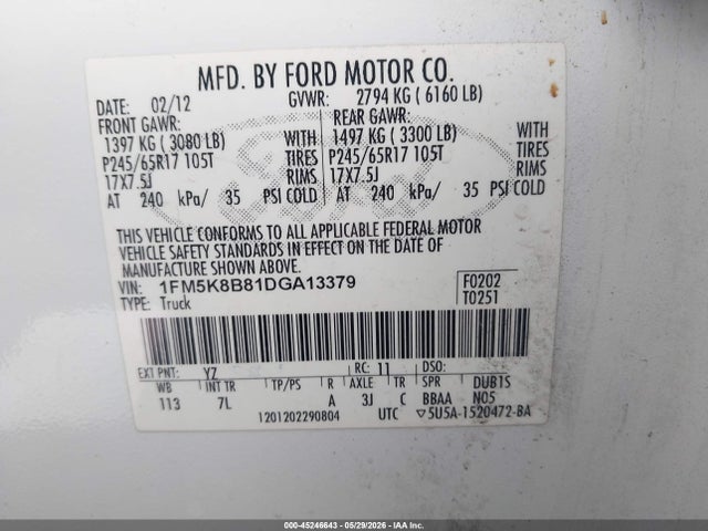 45246643 :رقم المزاد ، 1FM5K8B81DGA13379 vin ، 2013 Ford Explorer مزاد بيع