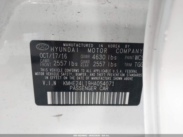 Продажа на аукционе авто 2017 Hyundai Sonata Hybrid Se, vin: KMHE24L19HA054071, номер лота: 45246652