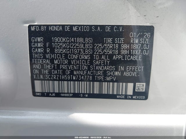 Aukcja sprzedaży 2026 Honda Hr-v 2wd Sport, vin: 3CZRZ1H59TM734778, numer aukcji: 45246656