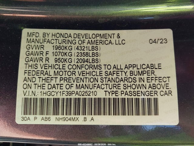 Продажа на аукционе авто 2023 Honda Accord Ex, vin: 1HGCY1F39PA025210, номер лота: 45246662