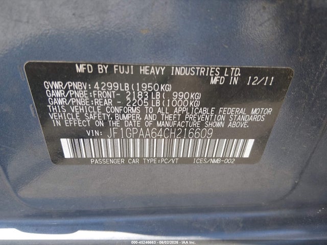 Aukcja sprzedaży 2012 Subaru Impreza 2.0i, vin: JF1GPAA64CH216609, numer aukcji: 45246663