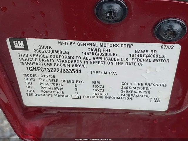 Продажа на аукционе авто 2002 Chevrolet Tahoe Ls, vin: 1GNEC13Z22J333544, номер лота: 45246677