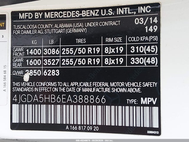 2014 Mercedes-benz Ml 350 4matic მანქანა იყიდება აუქციონზე, vin: 4JGDA5HB6EA388866, აუქციონის ნომერი: 45246679
