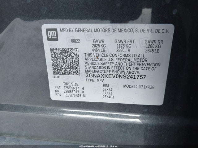Продажа на аукционе авто 2022 Chevrolet Equinox Fwd Lt, vin: 3GNAXKEV0NS241757, номер лота: 45246686