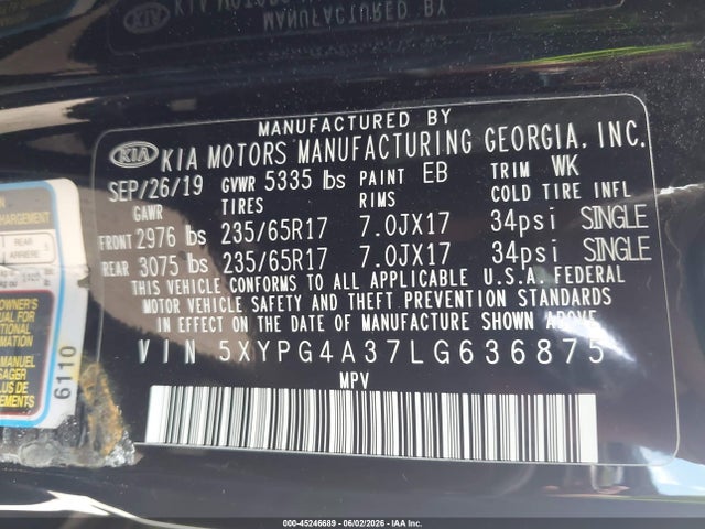 45246689 :رقم المزاد ، 5XYPG4A37LG636875 vin ، 2020 Kia Sorento 2.4l Lx مزاد بيع