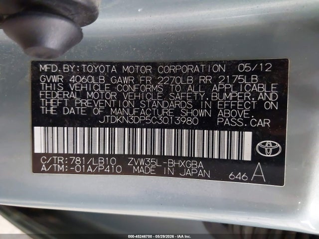 Продаж на аукціоні авто 2012 Toyota Prius Plug-in Advanced, vin: JTDKN3DP5C3013980, номер лоту: 45246700