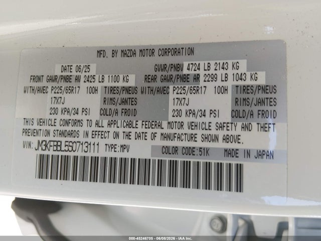 2025 Mazda Cx-5 2.5 S Select მანქანა იყიდება აუქციონზე, vin: JM3KFBBL5S0713111, აუქციონის ნომერი: 45246705