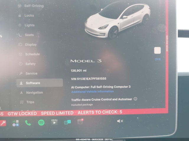 45246706 :رقم المزاد ، 5YJ3E1EA7PF561555 vin ، 2023 Tesla Model 3 Rear-wheel Drive مزاد بيع