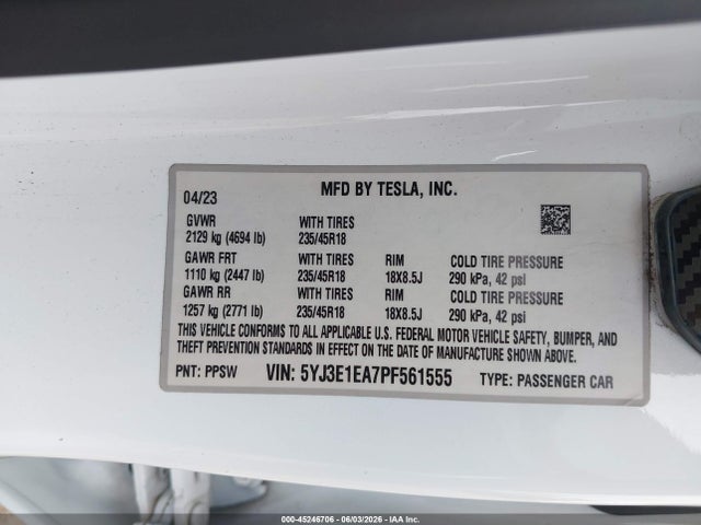 45246706 :رقم المزاد ، 5YJ3E1EA7PF561555 vin ، 2023 Tesla Model 3 Rear-wheel Drive مزاد بيع