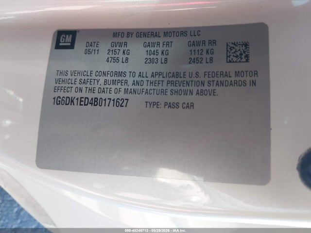 Продажа на аукционе авто 2011 Cadillac Cts Performance, vin: 1G6DK1ED4B0171627, номер лота: 45246713