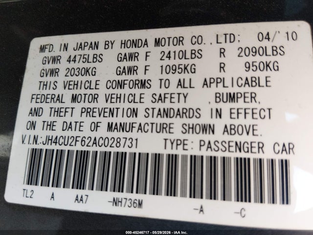 45246717 :رقم المزاد ، JH4CU2F62AC028731 vin ، 2010 Acura Tsx 2.4 مزاد بيع
