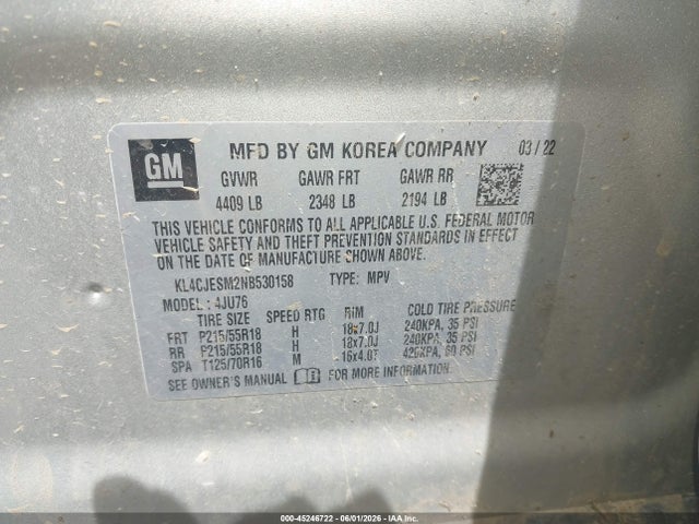 Aukcja sprzedaży 2022 Buick Encore Awd Preferred, vin: KL4CJESM2NB530158, numer aukcji: 45246722