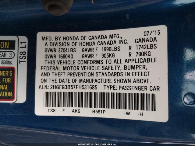 Honda Civic Lx 2015 2HGFG3B57FH531685 Image 9
