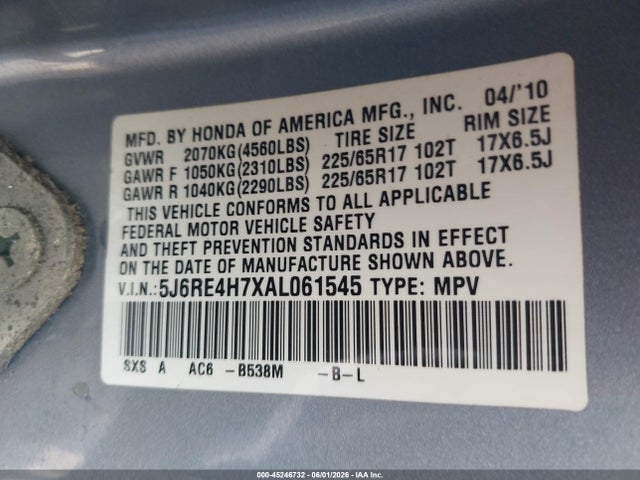 Продаж на аукціоні авто 2010 Honda Cr-v Ex-l, vin: 5J6RE4H7XAL061545, номер лоту: 45246732