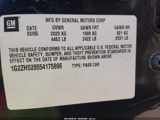 45246734 :رقم المزاد ، 1G2ZH528554175896 vin ، 2005 Pontiac G6 Gt مزاد بيع