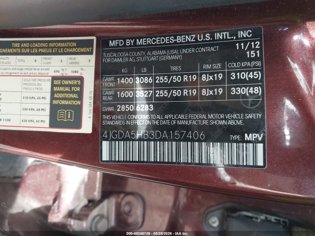 Продажа на аукционе авто 2013 Mercedes-benz Ml 350 4matic, vin: 4JGDA5HB3DA157406, номер лота: 45246749