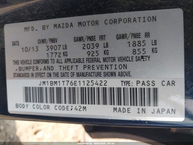 45246753 :رقم المزاد ، JM1BM1T76E1125422 vin ، 2014 Mazda Mazda3 I Sv مزاد بيع
