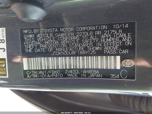 Aukcja sprzedaży 2015 Toyota Prius Two, vin: JTDKN3DU8F1889125, numer aukcji: 45246777