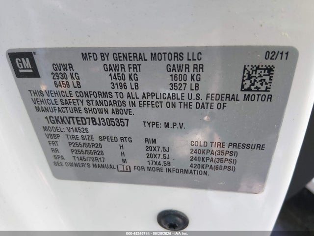 2011 Gmc Acadia Denali მანქანა იყიდება აუქციონზე, vin: 1GKKVTED7BJ305357, აუქციონის ნომერი: 45246784
