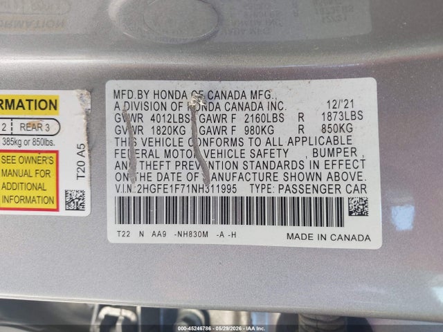 Продажа на аукционе авто 2022 Honda Civic Ex, vin: 2HGFE1F71NH311995, номер лота: 45246786