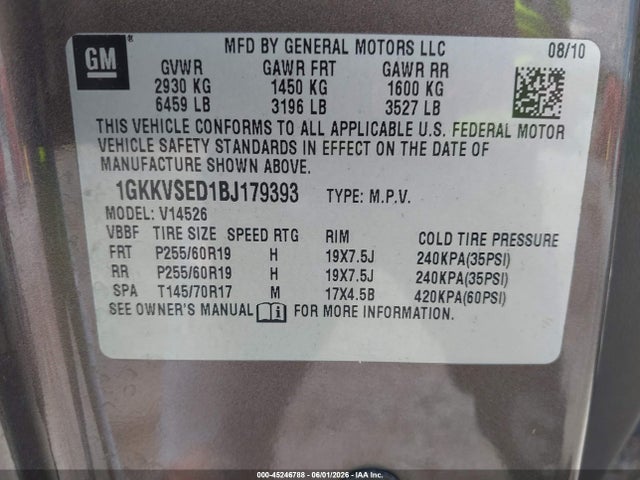 Продаж на аукціоні авто 2011 Gmc Acadia Slt-2, vin: 1GKKVSED1BJ179393, номер лоту: 45246788