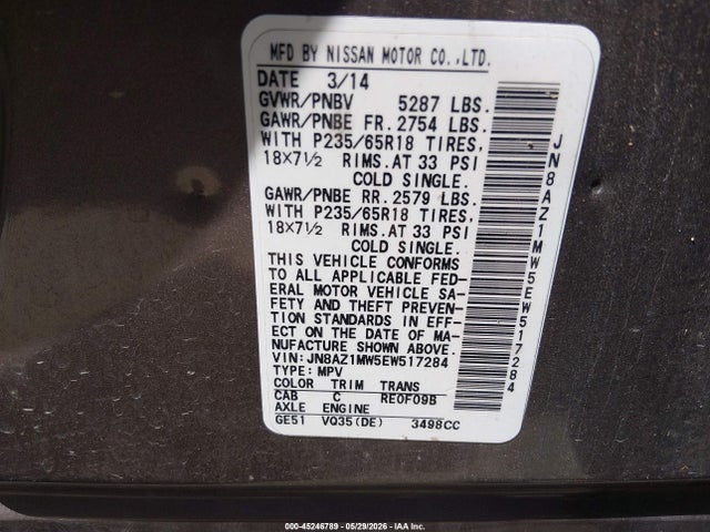 2014 Nissan Murano Sl მანქანა იყიდება აუქციონზე, vin: JN8AZ1MW5EW517284, აუქციონის ნომერი: 45246789