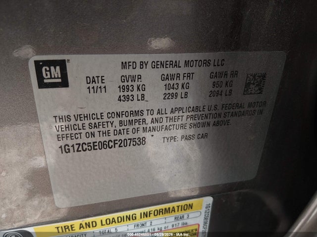 Продаж на аукціоні авто 2012 Chevrolet Malibu 1lt, vin: 1G1ZC5E06CF207538, номер лоту: 45246801