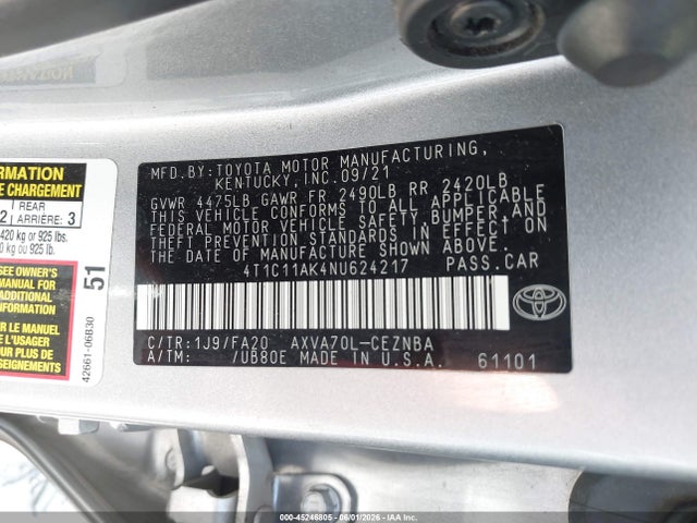 45246805 :رقم المزاد ، 4T1C11AK4NU624217 vin ، 2022 Toyota Camry Le مزاد بيع