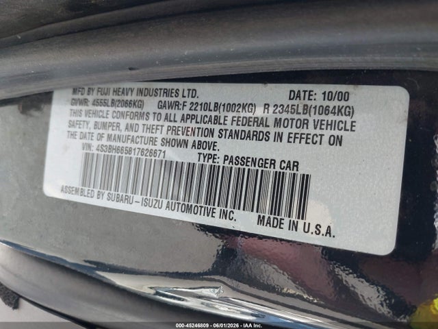 Aukcja sprzedaży 2001 Subaru Outback, vin: 4S3BH665817626671, numer aukcji: 45246809
