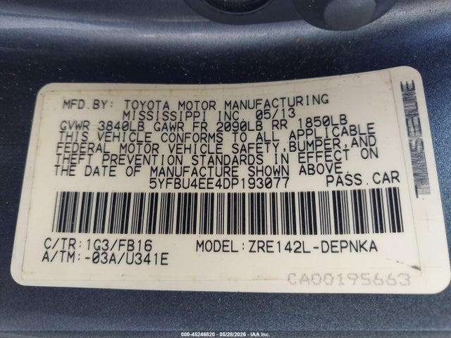 45246820 :رقم المزاد ، 5YFBU4EE4DP193077 vin ، 2013 Toyota Corolla Le مزاد بيع
