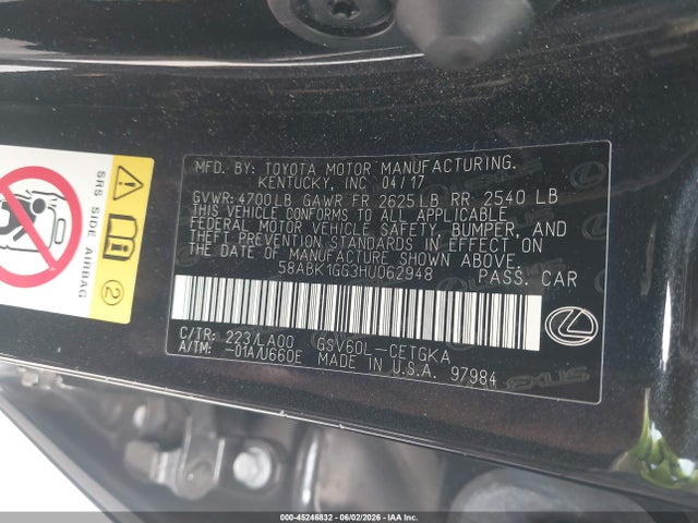 Продажа на аукционе авто 2017 Lexus Es 350, vin: 58ABK1GG3HU062948, номер лота: 45246832