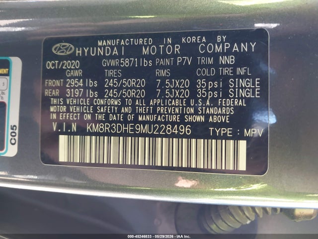 45246833 :رقم المزاد ، KM8R3DHE9MU228496 vin ، 2021 Hyundai Palisade Sel مزاد بيع