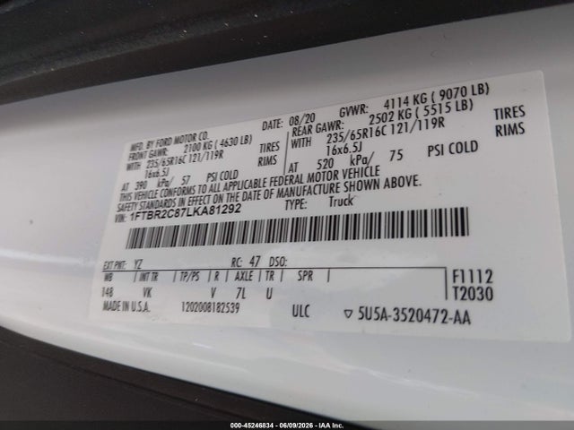 Aukcja sprzedaży 2020 Ford Transit-250, vin: 1FTBR2C87LKA81292, numer aukcji: 45246834