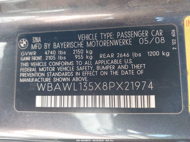 Aukcja sprzedaży 2008 Bmw 328i, vin: WBAWL135X8PX21974, numer aukcji: 45246838
