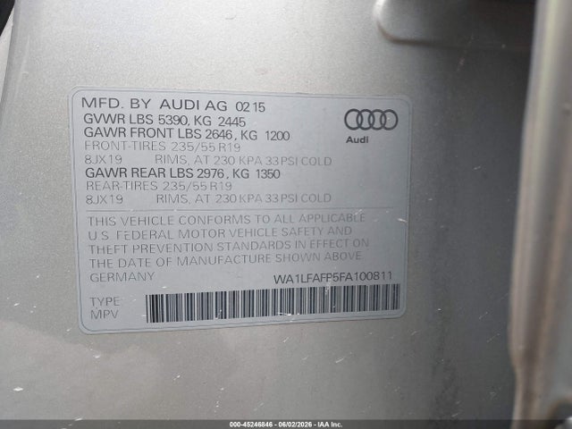Aukcja sprzedaży 2015 Audi Q5 2.0t Premium, vin: WA1LFAFP5FA100811, numer aukcji: 45246846
