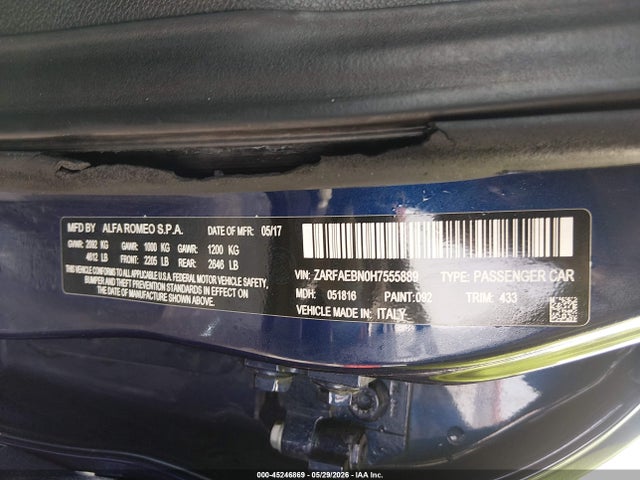 Продажа на аукционе авто 2017 Alfa Romeo Giulia Rwd, vin: ZARFAEBN0H7555889, номер лота: 45246869