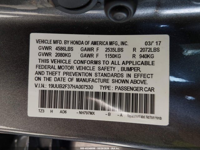 45246896 :رقم المزاد ، 19UUB2F37HA007530 vin ، 2017 Acura Tlx V6 مزاد بيع