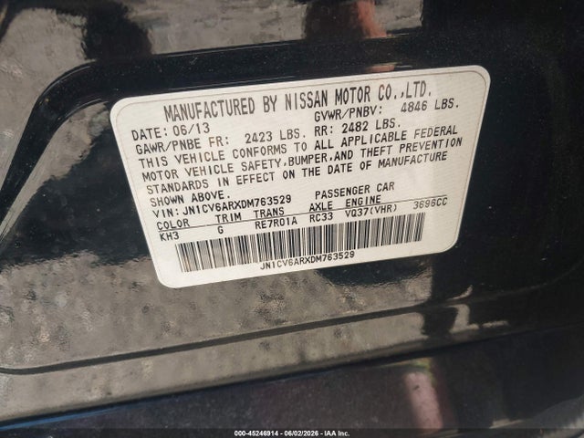 2013 Infiniti G37x მანქანა იყიდება აუქციონზე, vin: JN1CV6ARXDM763529, აუქციონის ნომერი: 45246914